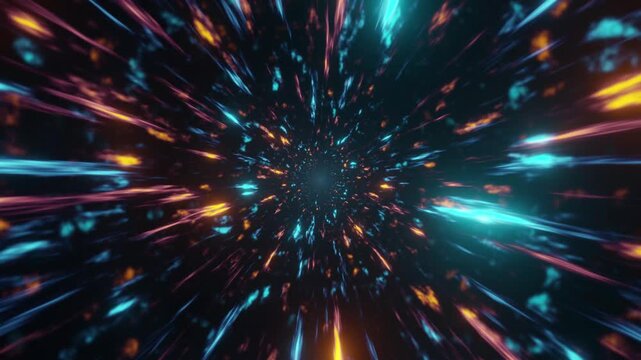 Vivid streaks of neon blue and orange race toward a dark center