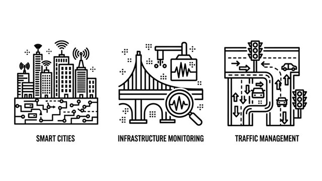Smart city infrastructure monitoring and traffic management technology icons