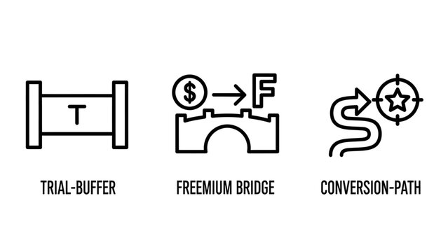 Set of business strategy icons representing a trial buffer mechanism, freemium bridge model, and conversion path funnel route for marketing and product development processes