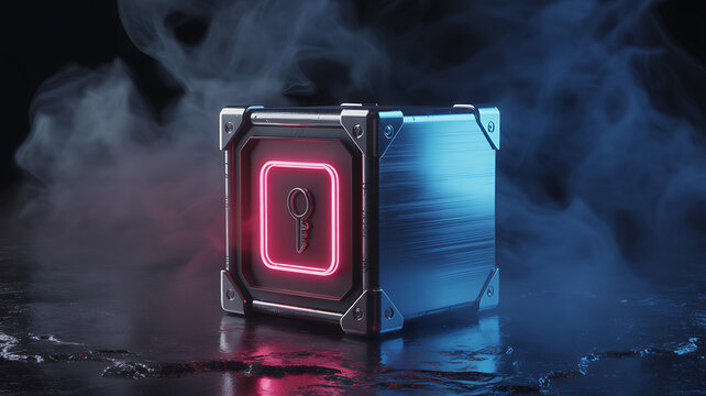 Futuristic metal vault cube with glowing neon pink key icon standing on wet dark floor surrounded by blue smoke and dramatic cinematic studio lighting.