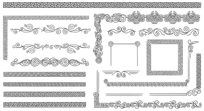 Borders ornate set with swirling lines and greek key patterns featuring decorative frames, vector graphics, design elements with illustration and