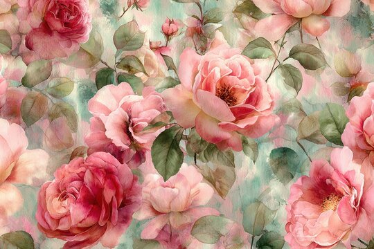 Elegant, dreamy, vintage seamless repeatable pattern featuring watercolor blooming roses in soft red and pink hues, delicate green leaves, gentle brushstrokes