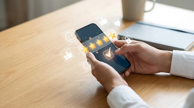 Person holding smartphone giving five star rating for quality customer service experience