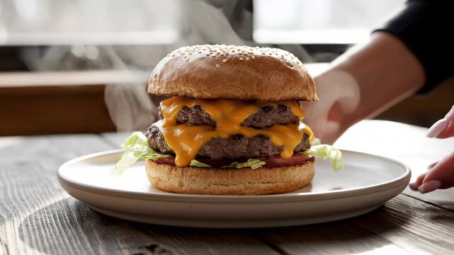 Juicy double cheeseburger with melted cheddar cheese served with fresh lettuce and tomato.