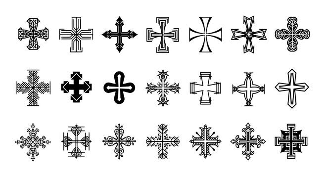 Crosses collection with intricate designs and patterns in black and white featuring religious symbols, decorative, religious art with Christian