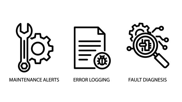 Icons set for maintenance, error logging, and fault diagnosis in technology