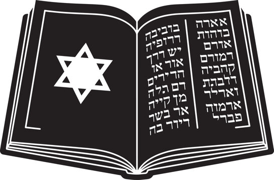 A silhouette of an open book with hebrew text and star of david, representing jewish tradition and religious studies