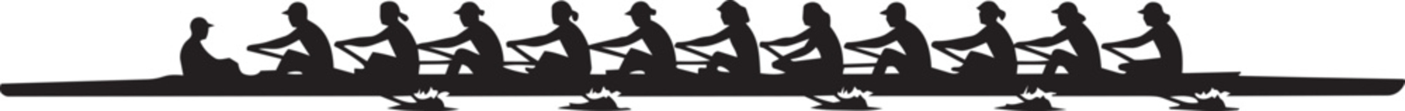 Silhouette of a rowing team in a racing boat with a coxswain, professional crew rowing together in a long scull boat