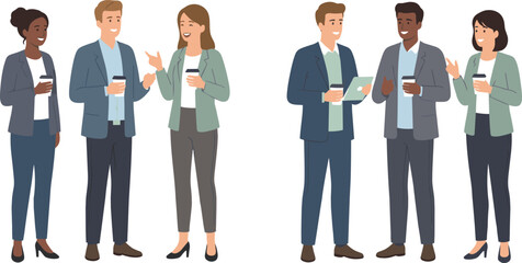 Obraz premium Diverse group of young business professionals holding coffee cups standing and talking for corporate networking office break and successful teamwork communication concepts.