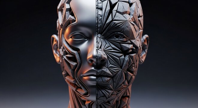Abstract Humanoid Face with Smooth and Geometric Textures, Dark Background