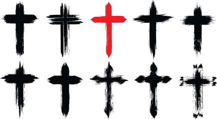Fototapeta premium Abstract brushstroke crosses a collection of black and red painted religious symbols