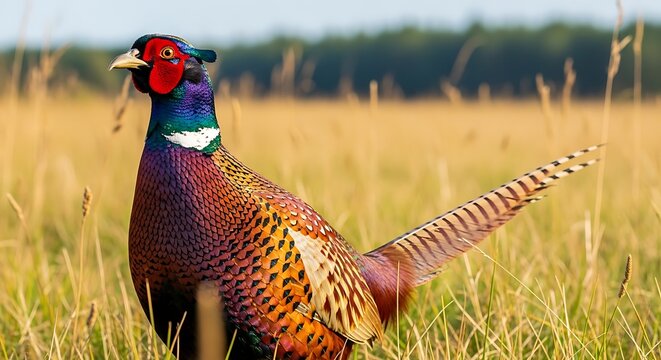 Majestic peacock standing proudly in a golden grassland field during sunset