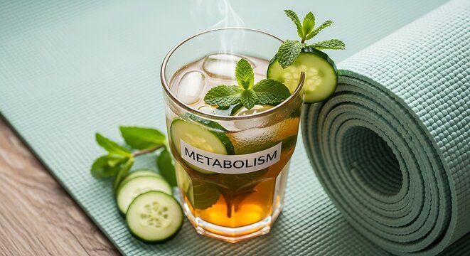 Refreshing drink with cucumber and mint labeled metabolism booster