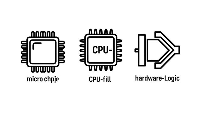 Computer hardware icons featuring microchip, cpu, and logic gate components