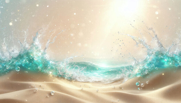 A pastel-toned beach with clear blue waves splashing on fine sand, creating a gentle, refreshing, and relaxing atmosphere.