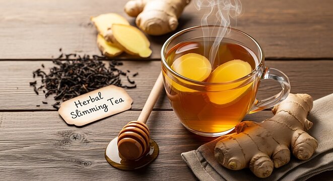 Warm herbal slimming tea with ginger, honey, and lemon for a healthy lifestyle.