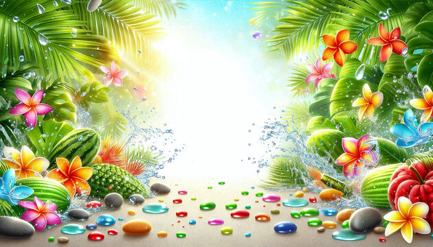 Colorful flowers, fruits, and splashes of water surround the center, leaving a blank space for text. The atmosphere is refreshing, like summer or a water festival.