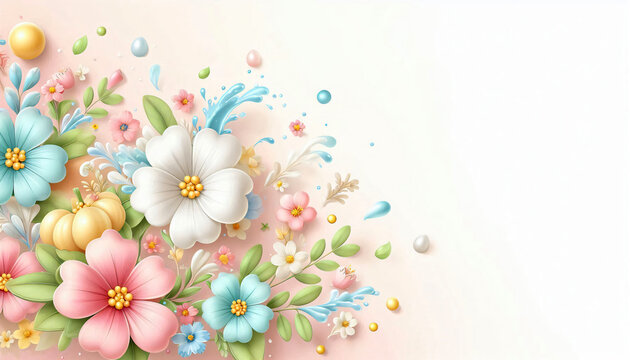 Cute floral Songkran background with pastel flowers, small leaves, and playful water splashes, cheerful soft tone, modern design