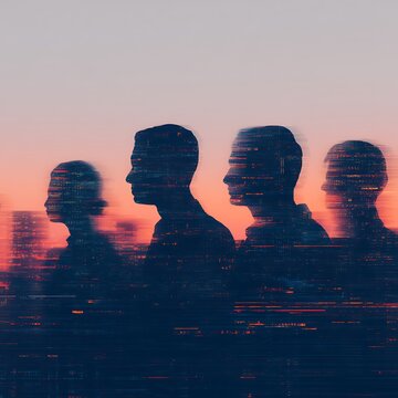Silhouettes of four individuals overlaid with digital glitch effects against a soft sunset background, blending human and technological themes.