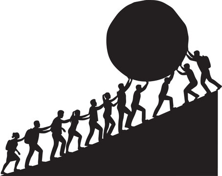 Silhouette of a group of people working together to push a large heavy boulder up a steep hill as a team metaphor
