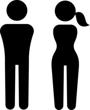 Restroom gender icons, man and woman (wearing pants) body silhouette. Bathroom door symbols. Isolated black and white vector signs.