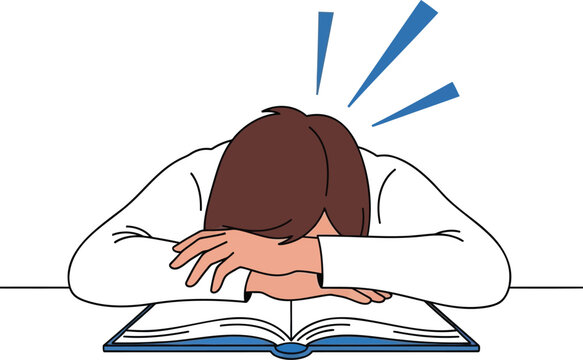 A cartoon illustration of a student feeling frustrated while studying with their head down on an open book