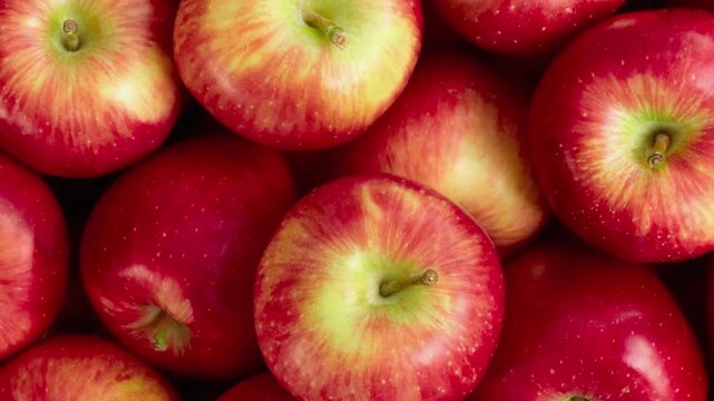 Fresh red apples with green centers and stems piled together