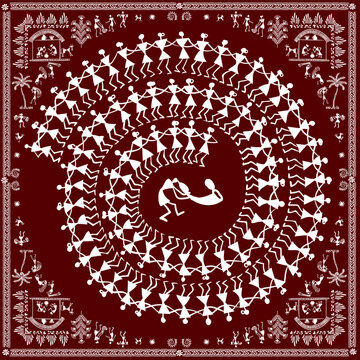Warli peynting - hand drawn traditional the ancient tribal art India. Pictorial language is matched by a rudimentary technique depicting rural life of the inhabitants of India
