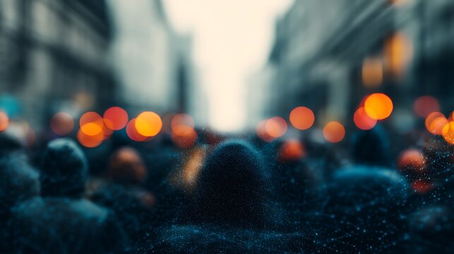 A blurred urban crowd scene with vibrant bokeh lights in the background, capturing the essence of city life and human presence.
