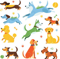 Naklejka premium Collection of cartoon dogs in various poses and colors with paw prints and toys puppy animal
