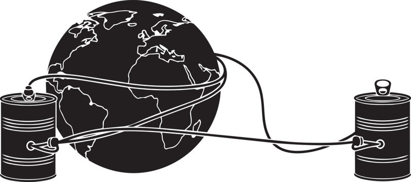 Global communication concept with tin can telephone connected around the world