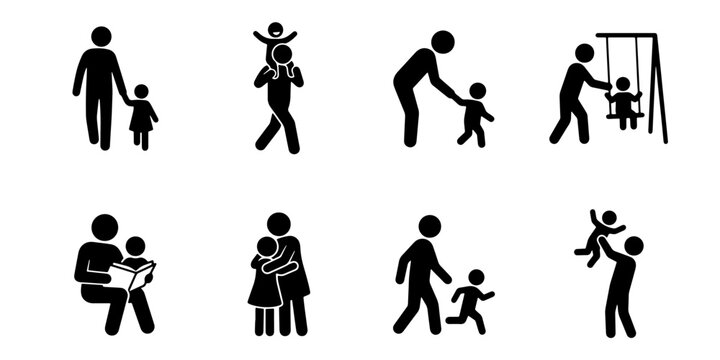 Father and child icon set, black silhouette fatherhood pictograms, 8 vector elements of dad playing with kids, parenting and family life symbols