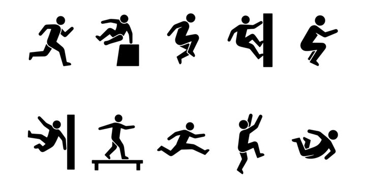 Parkour athlete stick figure icons, 10 black vector silhouettes of people jumping and climbing, urban freerunning and extreme sports action set