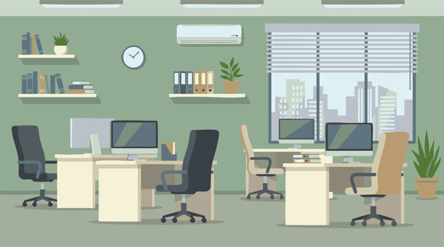 Modern empty office interior with workstations, computers, and city view