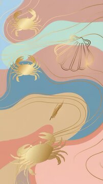 Golden crabs and shells on pastel abstract ocean waves, elegant triptych pattern with flowing lines and metallic accents