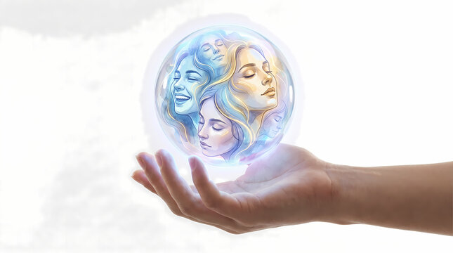 Crystal Ball with Multiple Faces of Woman in Different Colors and Emotions