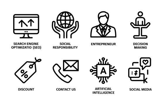 Set of eight vector icons representing modern digital ethics and business concepts