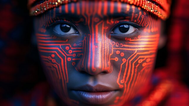 A close-up of a person with glowing red circuit-like patterns painted on their face, blending technology and human expression.