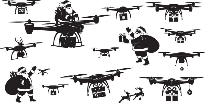 Various Drone Silhouettes and Cartoon Characters in Flight