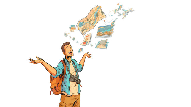 Young traveler with backpack juggling travel photos and airplane illustrations
