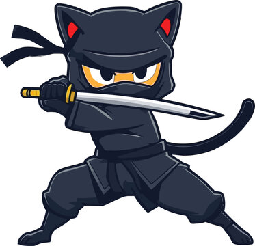 A stylized black cat dressed as a fierce ninja warrior holding a sword.