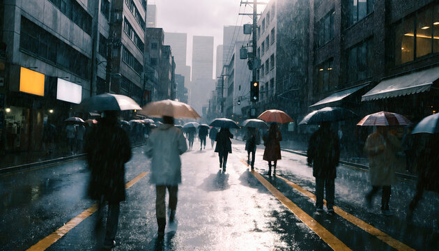 A busy crowd of pedestrians in motion walks past urban office buildings and shopping markets on a blurred London street during a night of vibrant city life