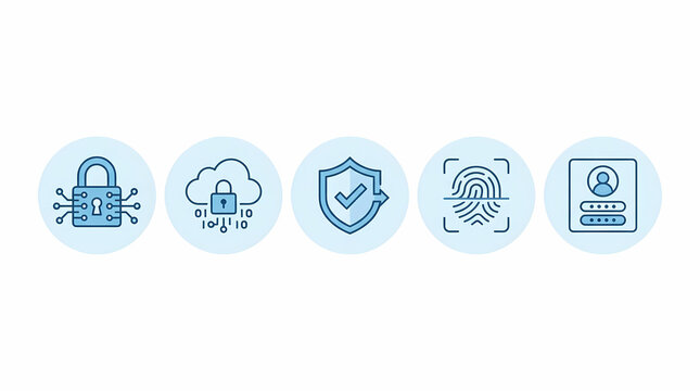 Cybersecurity icons including padlock, cloud security, shield, fingerprint scanning, and user authentication