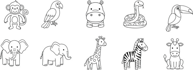 Obraz premium Set of cute jungle and safari animal line art illustrations for children's coloring book pages