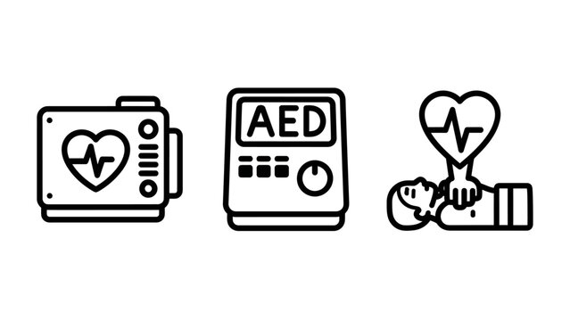 Medical cardiac health and emergency aed rescue icons with health care