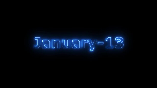 Neon January 13 Date Calendar Icon Animation. Glowing Neon Text New Year Background.