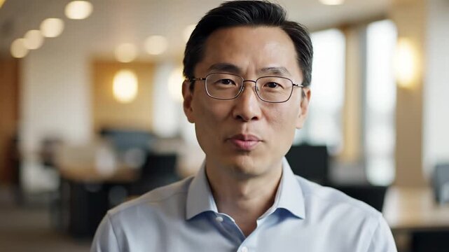 Professional mature East Asian man with dark hair and glasses wearing a light blue shirt looking at camera and speaking in a modern blurred office background during daytime.