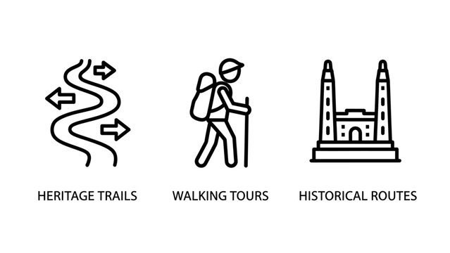 Heritage trails walking tours and historical routes icons
