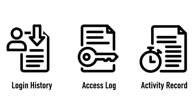 Data security and user access icons illustrating login history access log and activity record documentation