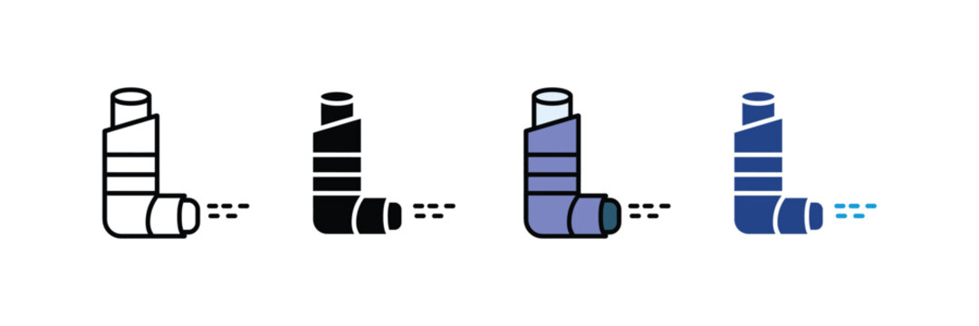 Medical asthma inhaler with mist spray icon set. Respiratory breath relief device, pharmaceutical lung healthcare, and allergy treatment symbol.